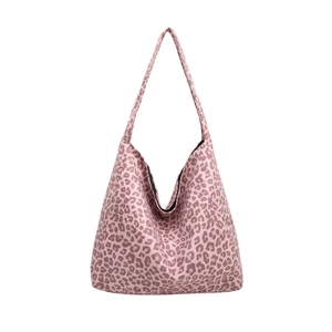 Pink leopard print faux suede large hobo tote bag with wide shoulder strap