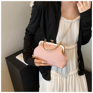 Detail of pink satin lace bag featuring vintage metal clasp and golden chain strap