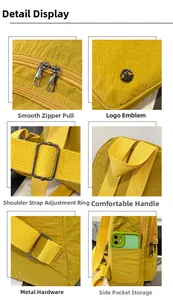 Detailed views of yellow nylon backpack featuring metal zippers and adjustable straps
