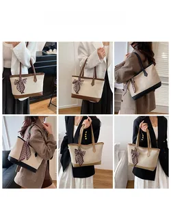Viste dettagliate di borse tote in tela ad alta capacità con nastro a scacchi elegante