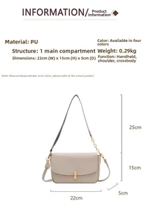 Detail view of a chic faux leather shoulder bag with golden peanut clasp and dimensions