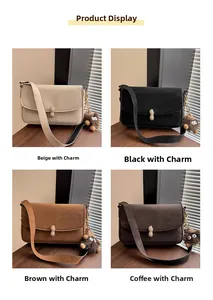 Collage of matte leather flap crossbody bags in four colors with plush bear charms
