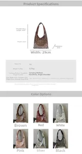 Detailed dimension chart and multi-color options for the rivet leather bucket bag