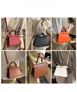 Detailansichten der Ledertasche in sechs Farben mit Metalldrehverschluss und Schultergurt