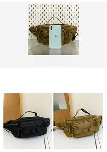 Size comparison with a smartphone showing black and brown tactical belt bags
