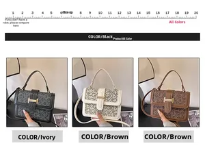 Detail view of printed monogram small square bags in black, beige and coffee colors