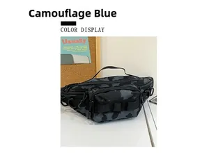 Detail of blue camouflage tactical waist bag with multi-pocket storage and D-ring hooks