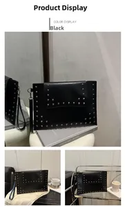 Detail of vintage black leather envelope clutch featuring silver square rivet studs and wristlet