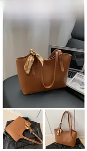 Brown tote bag detail with silk scarf on handle and various display perspectives