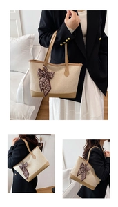 Dettaglio della borsa tote in tela con finiture in pelle kaki e fiocco in seta decorativo