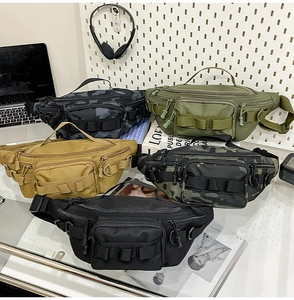 Close-up of tactical chest bags in black, green, and khaki with MOLLE system and nylon texture