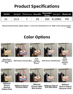 Detail showing dimension specs and color variants for plaid crossbody bag with charms