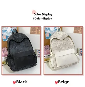Detailed comparison of black and beige school backpacks with starry moon print patterns