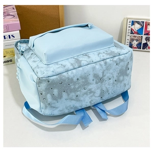 Detailed view of the light blue printed backpack showing water-resistant fabric and side pockets