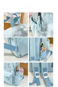 Detail view of large capacity backpack with printed stars, side pockets, and anti-theft zipper