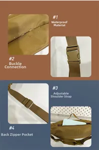 Detail view of waterproof fabric, sturdy buckle, adjustable strap, and back zipper pocket