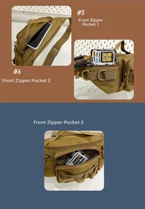Detail view of the brown tactical waist bag with multiple front zipper pockets for storage