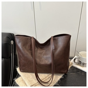Classic dark brown large capacity tote bag in vintage style with smooth synthetic leather
