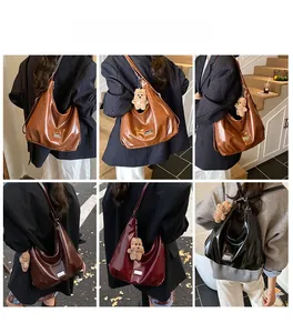 Collage of model wearing a large vintage hobo shoulder bag with a bear charm in various colors