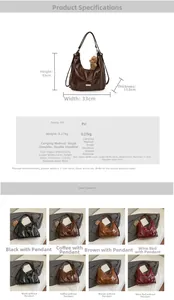 Detailed spec sheet showing PU leather tote dimensions and vintage color options