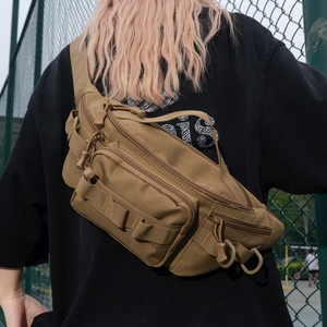 Tactical crossbody bag in khaki nylon with MOLLE system for outdoor sports