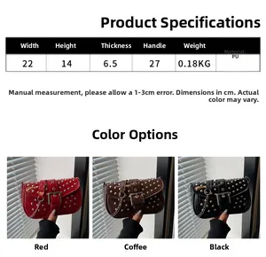 Detailed size chart for punk style PU leather shoulder bag with rivets and chain strap