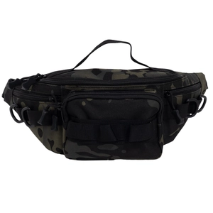 Tactical dark camouflage waist bag with MOLLE webbing for outdoor hiking and sports gear