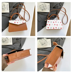 Detailed four-sided view of contrast teddy bear print crossbody bag with adjustable strap