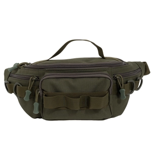 Army green tactical waist bag with MOLLE system and durable nylon zippers