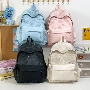 Starry Sky Moon Print Backpack For Women Large Capacity Lightweight Nylon Student School Bag For Girls Casual Travel Daypack