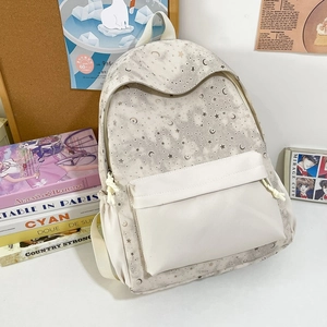 Large capacity starry sky school backpack in cream white canvas for students