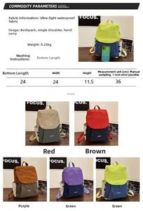 Waterproof nylon backpack in multiple colors with drawstring closure and size details
