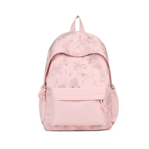 Pink school backpack with star and moon prints, large capacity with front zipper pocket