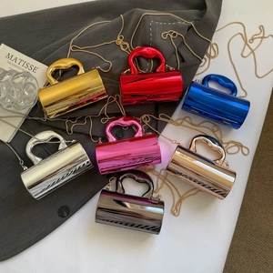 Women Metallic Mirror Cylindrical Shoulder Bag Shiny Acrylic Mini Chain Crossbody Handbag Stylish Evening Party Bag With Handle