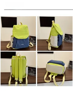 Four views of a colorblock nylon travel backpack with waterproof fabric and adjustable straps