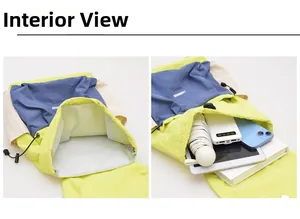 Internal view of a multi-color travel backpack showing storage for tablets and umbrellas