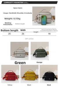 Detail showing various colors and size specifications of the nylon crossbody handbag