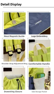 Detailed views of nylon travel backpack with magnetic buckle, drawstrings and side pockets