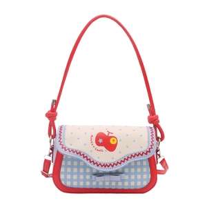 Chic plaid patchwork crossbody bag with blue checks, red apple print and blue bow detail