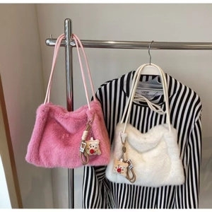 Borsa a Tracolla in Peluche da Donna Invernale Moda Tinta Unita Borsa Tote Sottobraccio Con Simpatico Ciondolo a Cartone Animato