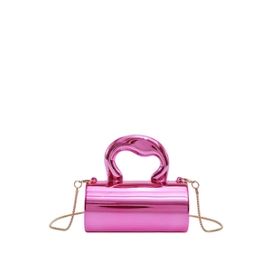 Pink glossy cylinder bag with thick curved handle and metallic chain strap
