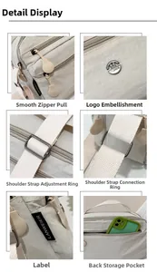 Detailed views of beige nylon crossbody bag showing hardware logo and strap quality