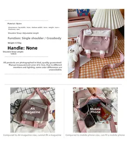 Pink nylon crossbody bag detail showing various zip compartments and adjustable strap