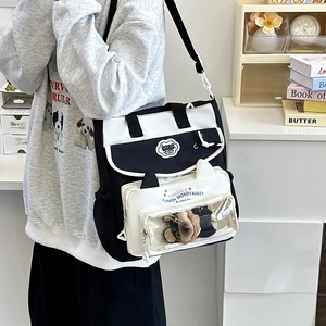 Süße schwarz-weiße Canvas Ita-Tasche mit Katzenohren und transparentem Sichtfenster