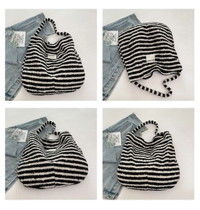 Detail views of striped plush tote bag with SEEYOU label and soft fleece texture