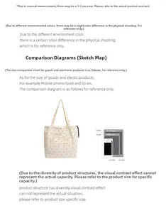 Size comparison of white polka dot tote bag with a 9.7-inch iPad and mobile devices
