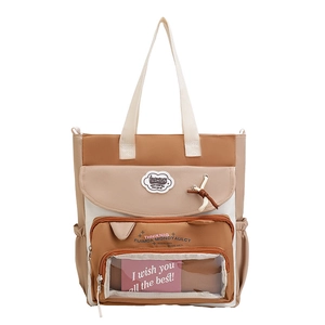 Canvas Ita Bag mit transparentem Fenster und Mehrfachtaschen-Design in Braun und Beige