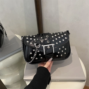 Black patent leather punk rivets shoulder bag with silver chain strap and flap closure