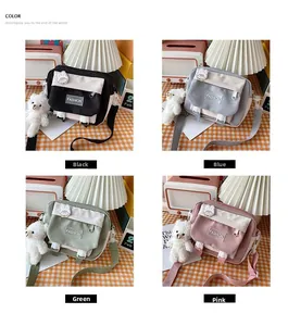 Collage showing small canvas crossbody bags in black, blue, green and pink with cute charms