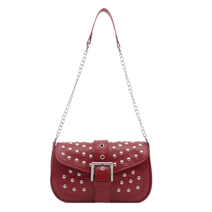 Punk style red patent leather shoulder bag with silver studs and chain strap detail
